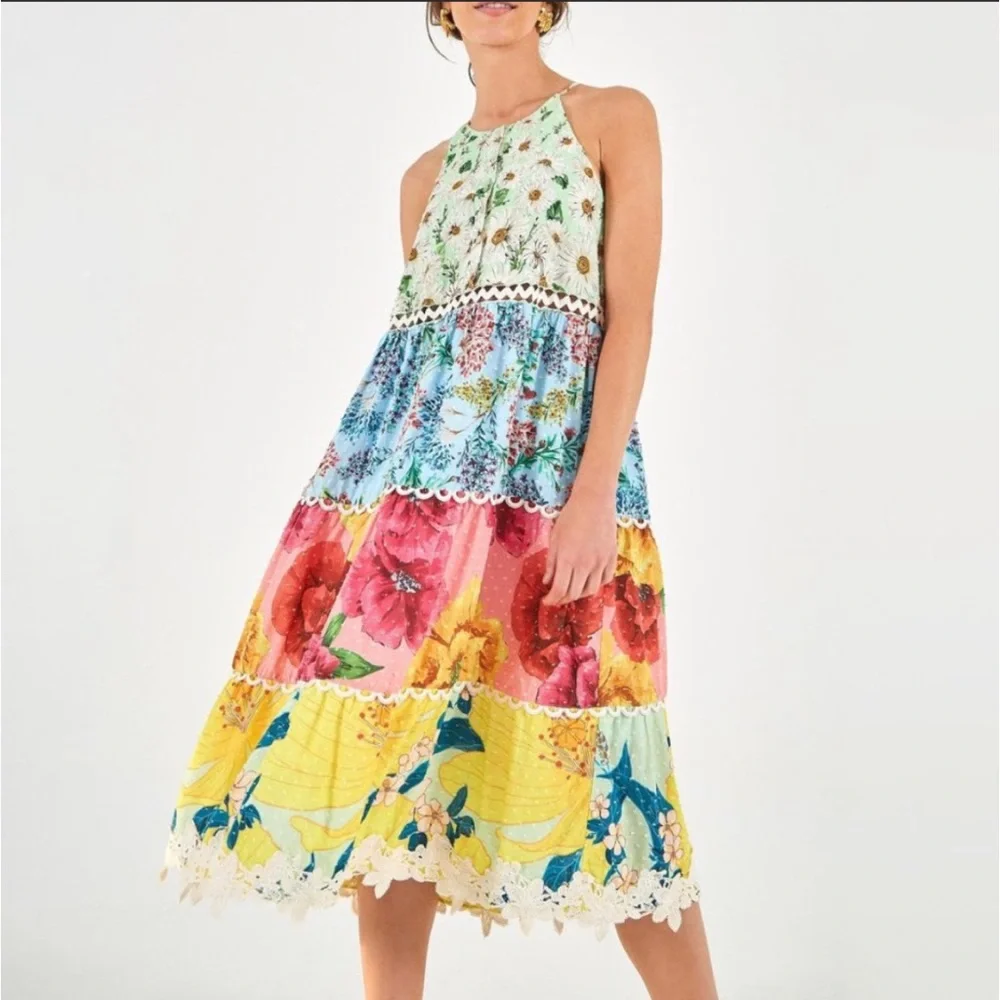 Farm Rio Mixed Floral Midi Dress - Picture 1 of 8